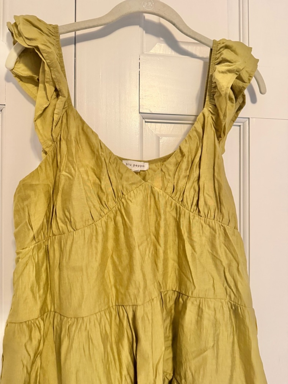 Blu Pepper Babydoll Mini Dress Large Olive Green Tiered Ruffle Boho Cottagecore - Picture 3 of 8